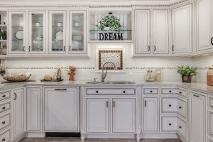 Beautiful white colored theme kitchen cabinet and decoration