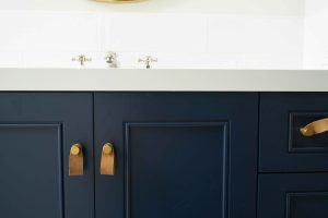 blue bathroom cabinets shown in the picture
